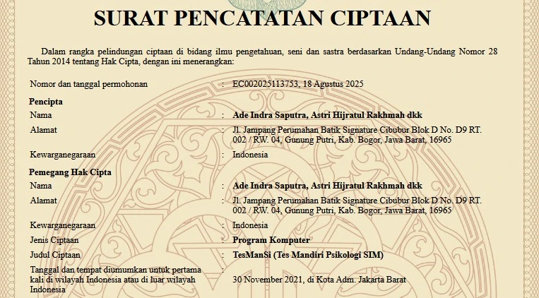 Dosen Program Studi D4 TRPL, Ciptakan Aplikasi Tes Psikologi SIM Berbasis Web yang Raih Hak Cipta Nasional